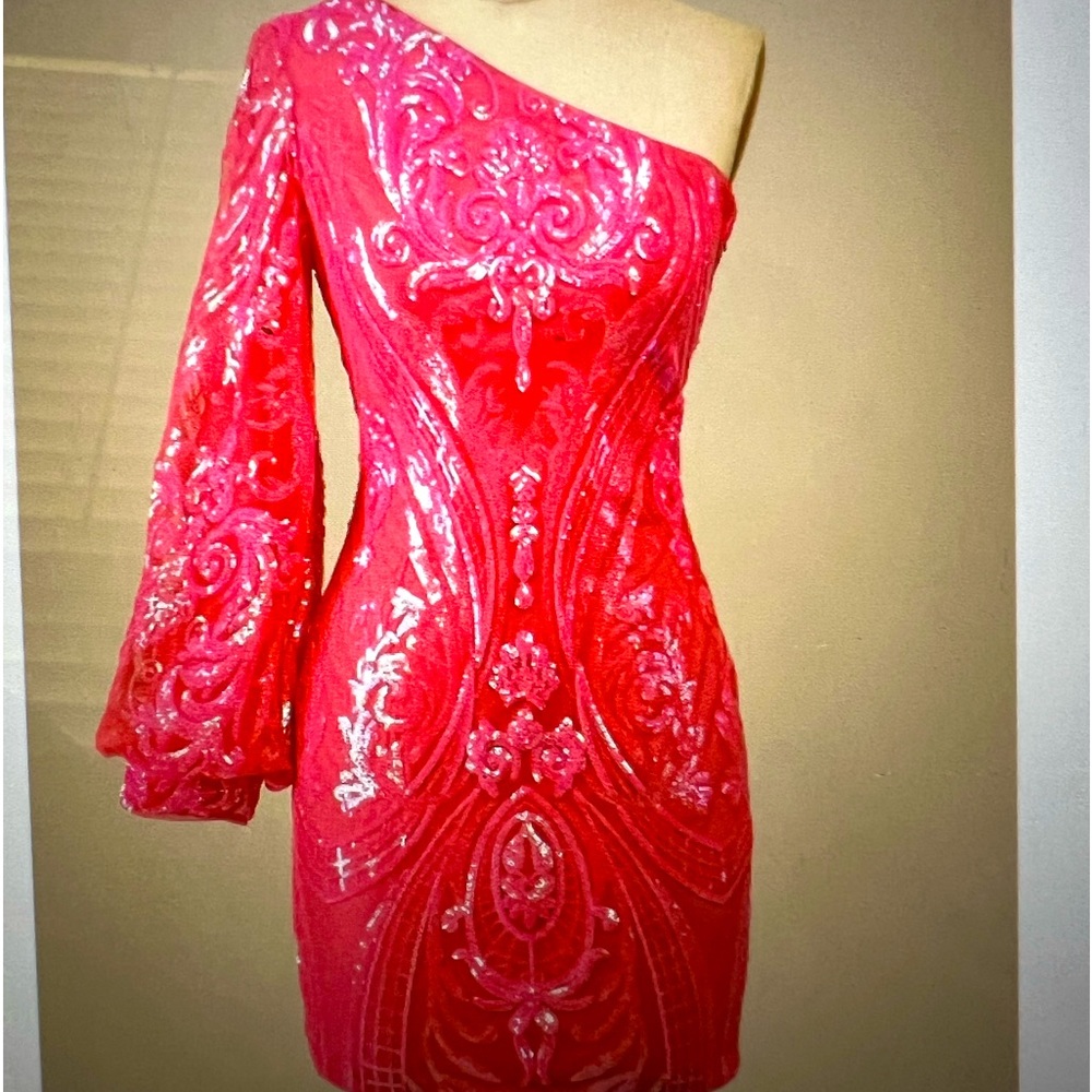 One-Shoulder Embellished Mini Dress - Pink